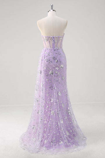 Vestido de fiesta de lentejuelas con corsé sin tirantes de sirena de color púrpura claro con abertura